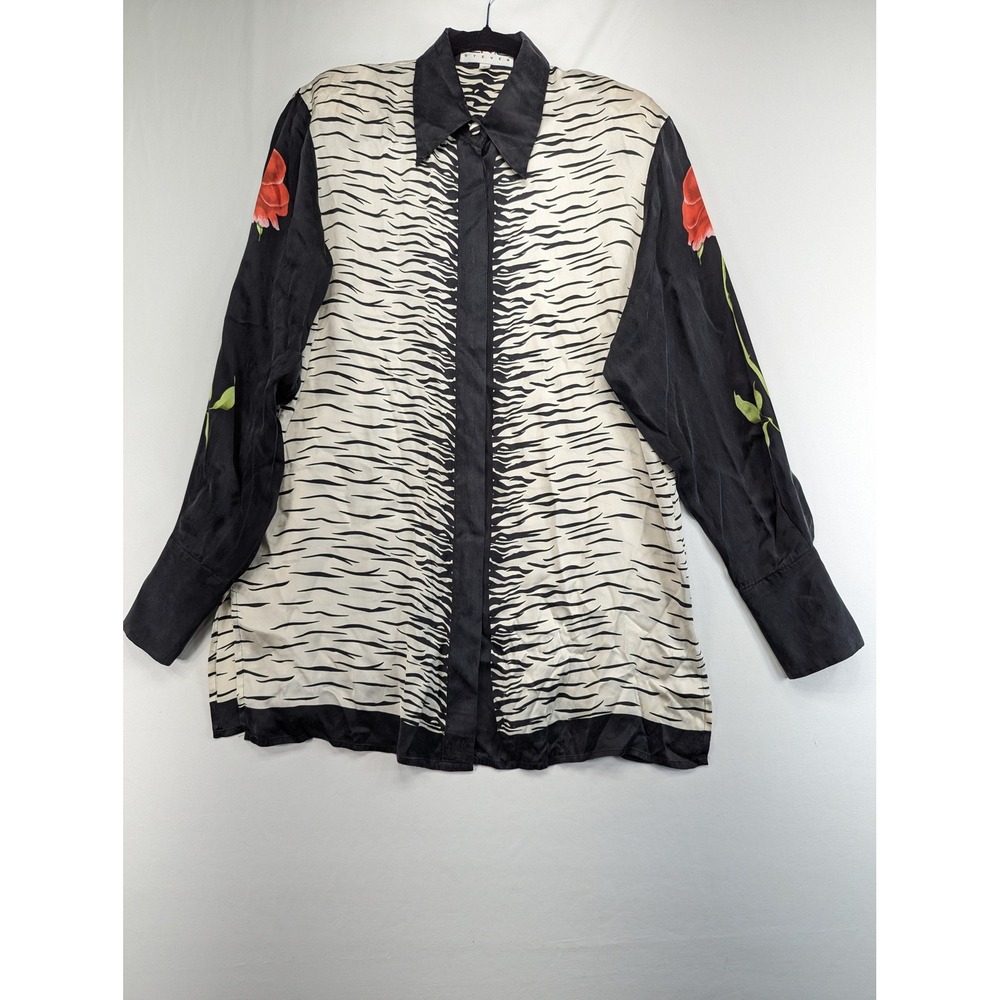 Epic Steven Silk Zebra Rose Print Button Down Blouse Black White Red Medium